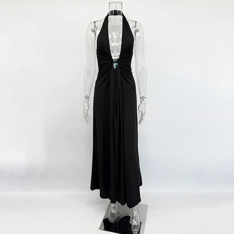 Schwarz Sexy Halter-Backless Langes Kleid Frauen Ärmel Bodycon Party Kleider Elegante Damen Sommer Strand Sommerkleid Vestidos