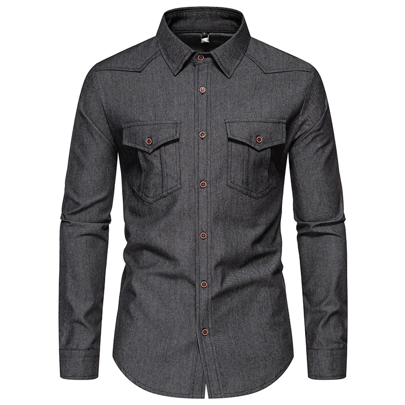 Double Pocket Denim Shirt Men Long Sleeve Quality Cowboy Shirts for Men Casual Slim Fit Jeans Men Shirts