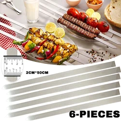 6pcs Kabob Skewers 50cm Wide No-Wood Handle Flat Stainless Steel BBQ Barbecue Kebob Skewer Row for Brazilian Koobideh Persian