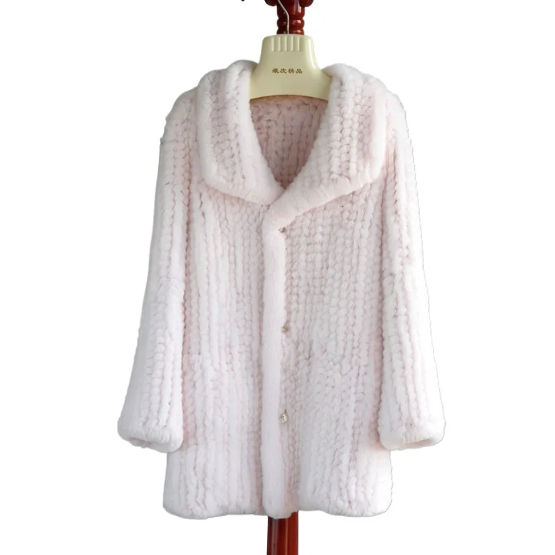 

2025 imported Rex rabbit fur coat lapel mid-length double-sided thickened Rex rabbit fur woven fur coat