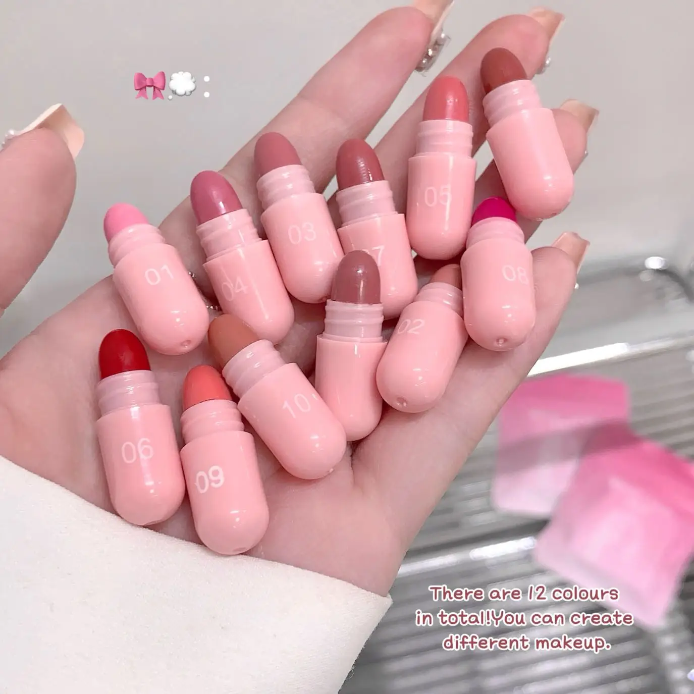 Set de Labiales en Cápsula de Doble Uso para Labios y Mejillas, 12 Colores Rosa, Larga Duración, Retención de Color, Maquillaje Impermeable