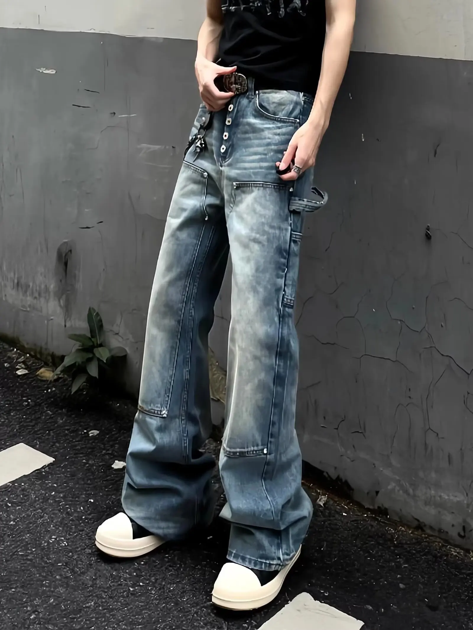 Retro American Vibe High Street Tough Looking Washed out Knee Work Trousers Men Women Straight Leg Bell Bottoms Trendy Jeans