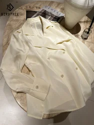 Birdtree 30MM 100%Mulberry Silk Windbreaker Long Sleeve Lapel White Elegant Fashion Basics Coat Autumn Winter New Tops C39567QM