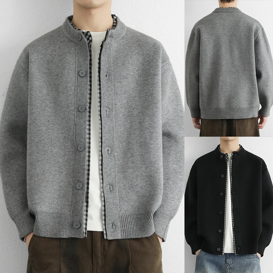 Plaid Shirt Fake Two-piece Knitted Sweater Men's Cardigan Jacket Autumn And Winter Sweater