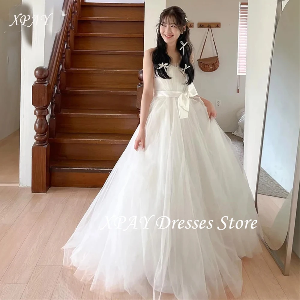 

XPAY Princess A-line Tulle Wedding Dresses Korea Photo Shoot Pleat Bow Sash Customized Customized Bride Gowns Corset Back