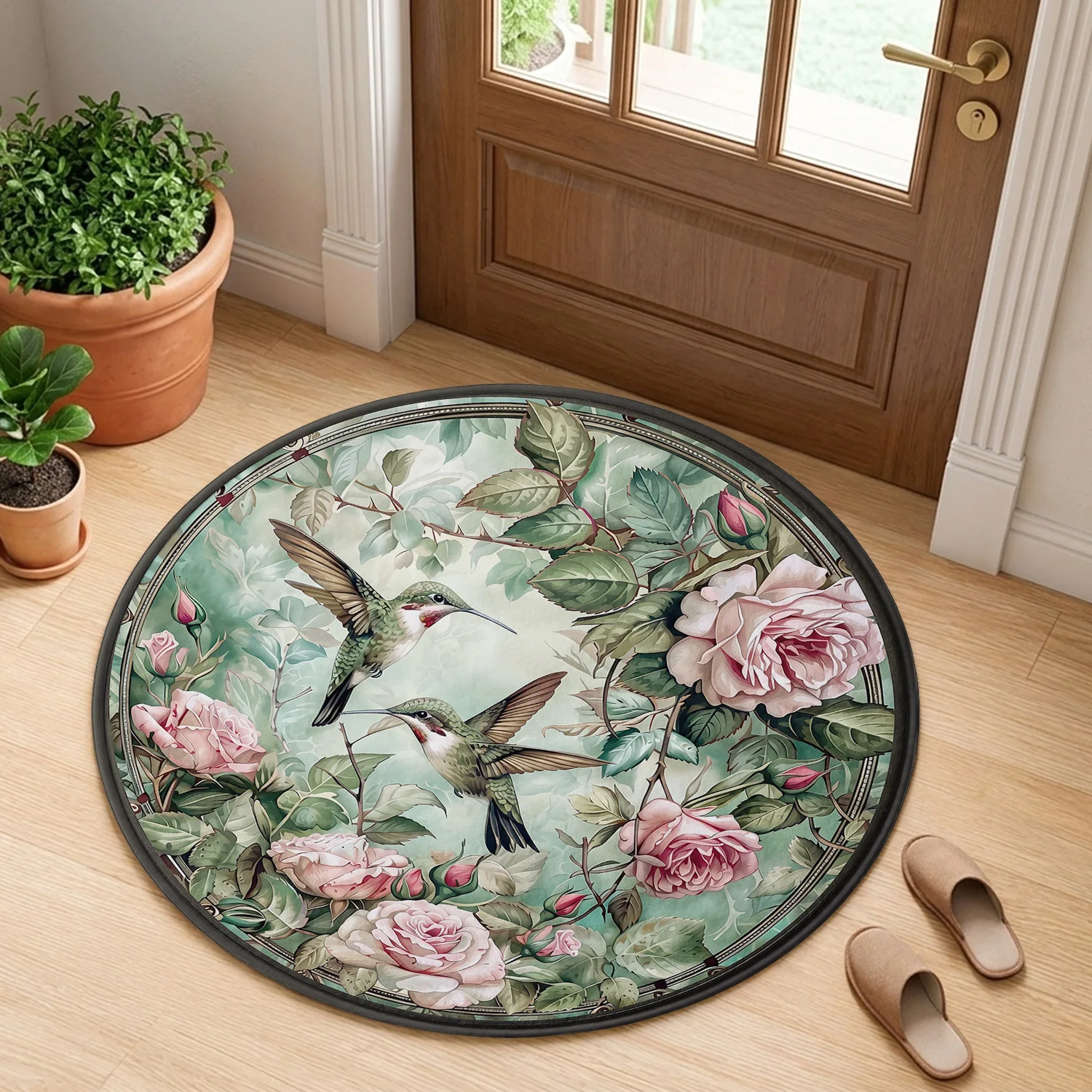 Vintage Hummingbird & Rose Round Rug, Botanical Garden Floor Mat, Nature-Inspired Circle Carpet for Entryway & Living Room