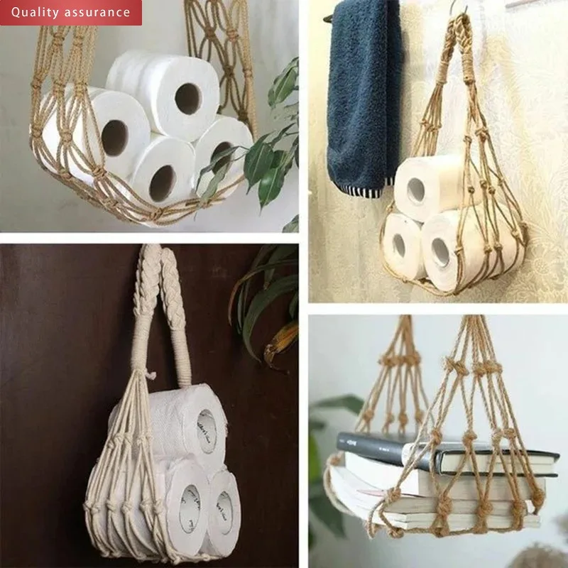 Mesh Rope Toilet Paper Holder Hand-woven Pocket Bohemian Style Storage Bag Wall-mounted Magazine Book Tissue Holder Home