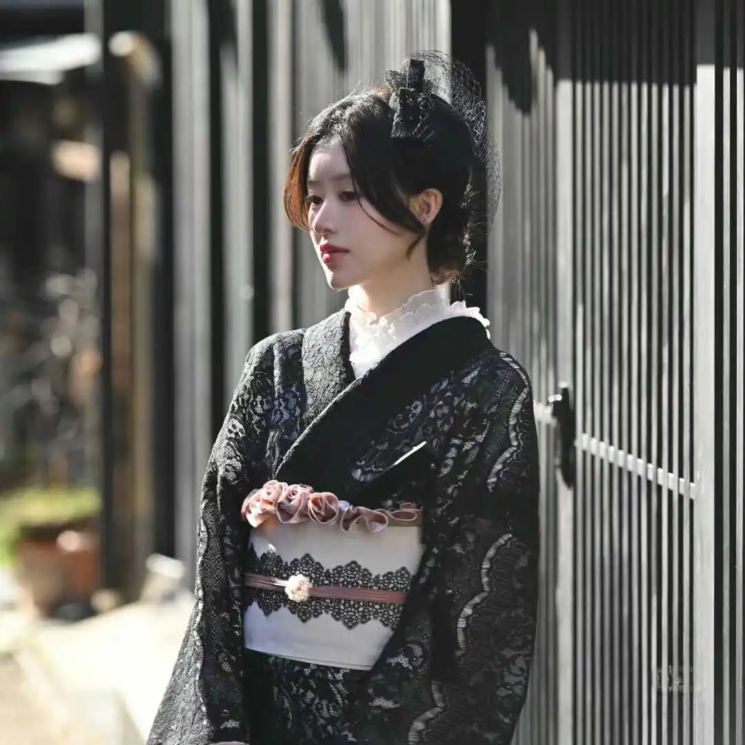

Japanese Traditional Women's Lace Small Pattern Kimono Double Layer Style Japanese-Style Retro Trip Shoot