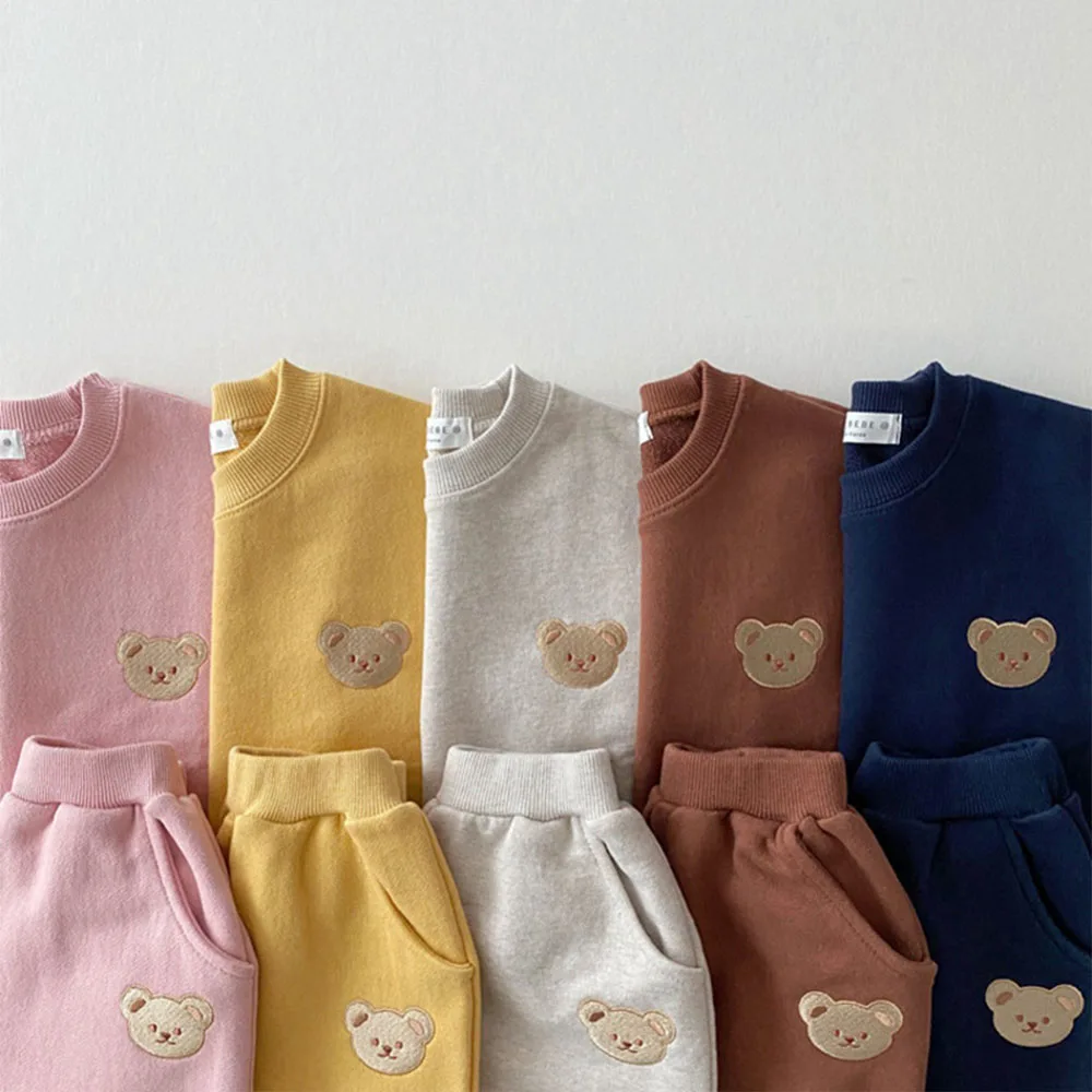 Embroidered Teddy Bear Round Neck Sports Set Name Custom Newborn Baby Cotton Baby Casual Cartoon Two-Piece Gift Pack