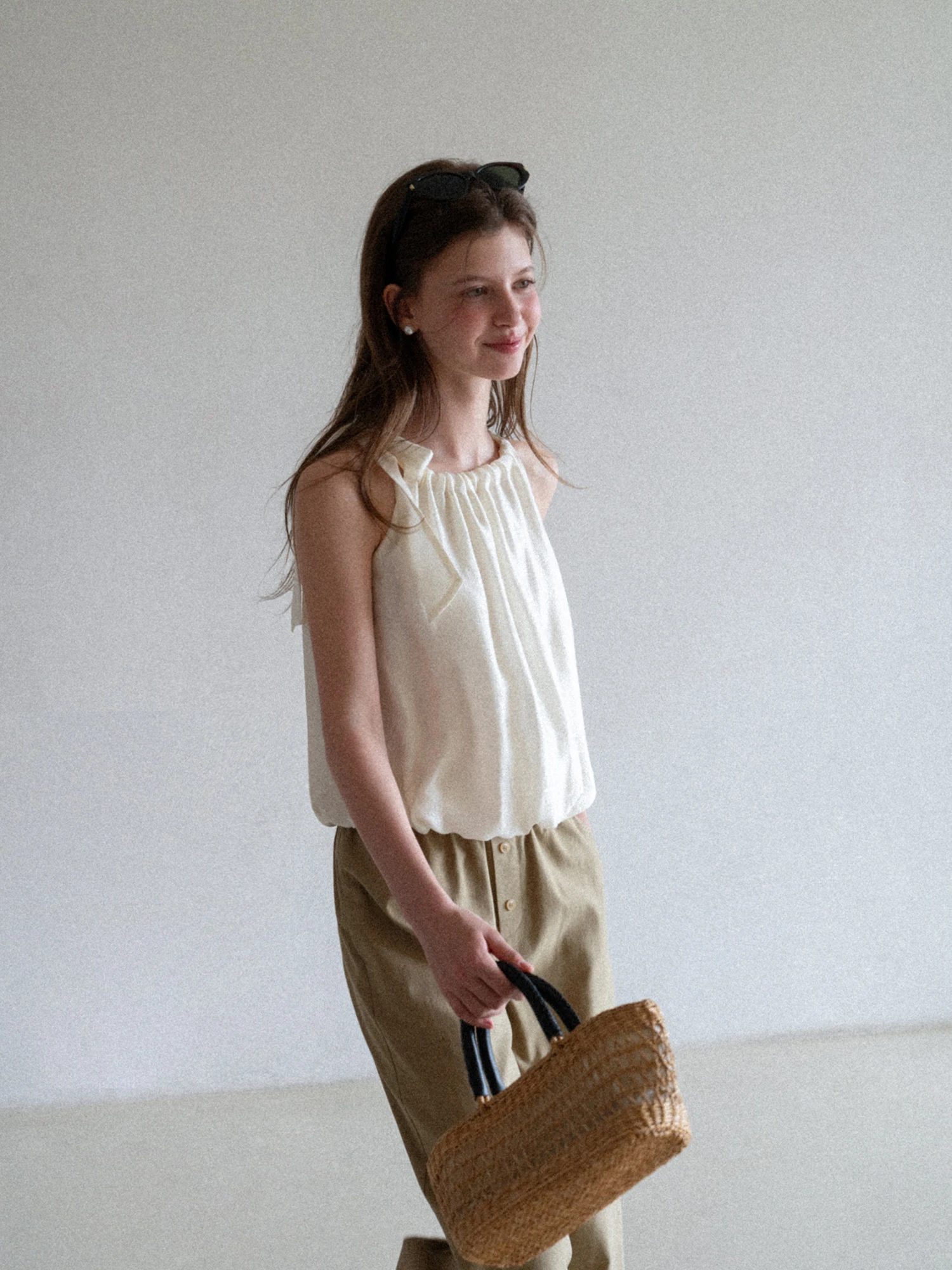 EGGKA Drawstring Strapless round Neck Flower Bud Hanging Neck Vest Women Summer Gentle Temperament Sleeveless Top