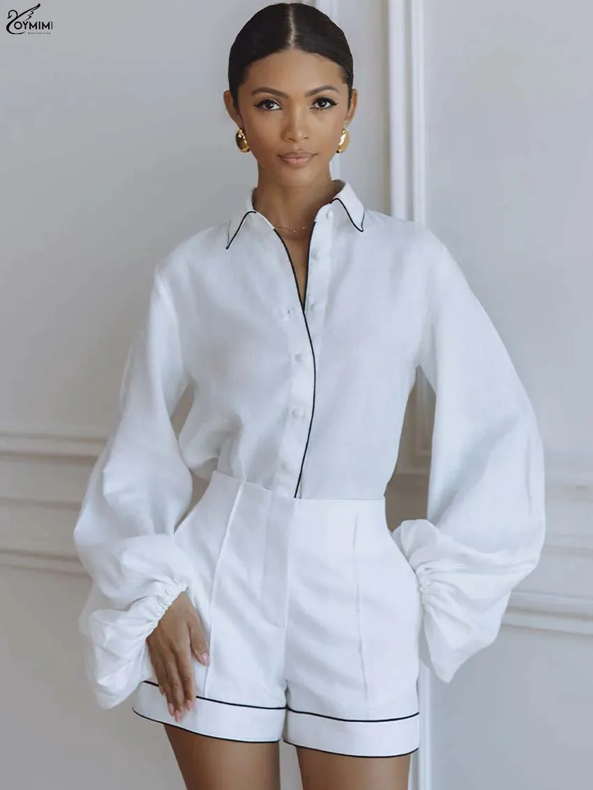 Conjunto de dos piezas de algodón blanco para mujer de la marca Oymimi Fashion: camisa de manga larga con corte clásico y pantalones cortos con bolsillos con cremallera, ideal para un estilo casual.