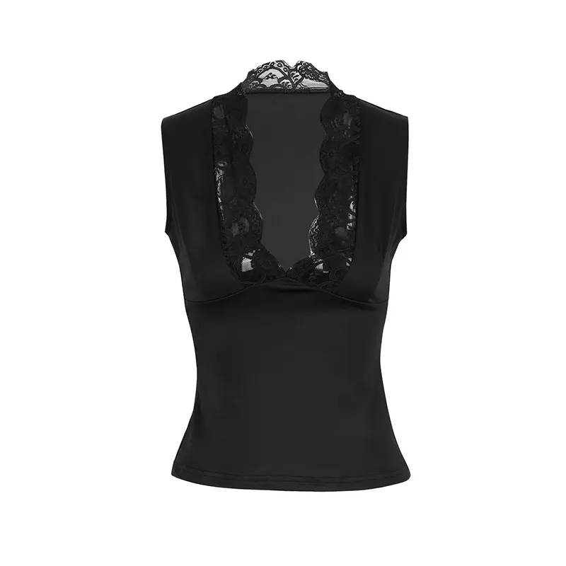 

GELITAYIN Summer New Women's Vest Black Sexy Lace V-Neck Low Chest Tank Streetwear Fashion Casual Slim Female Versatile Top Tank
