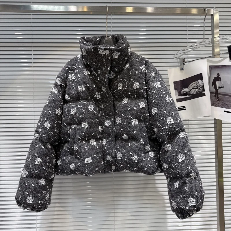 Winter New Fashion Sequins Cotton-Padded Jacket Coffee Color Gray Women Short Cotton Parkas Stand Collar Long Sleeve Cotton Coat