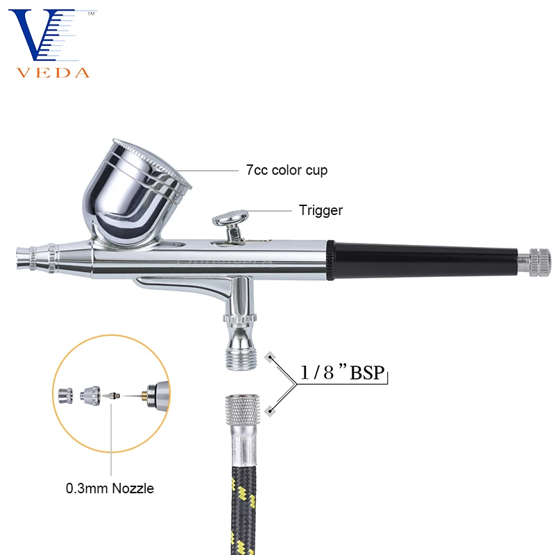 VEDA 0.3mm Airbrush Portable Mini Compressor Kit with Cleaning Tool Air Hose Filter For Wall Painting Tattoo Spray Paint Model