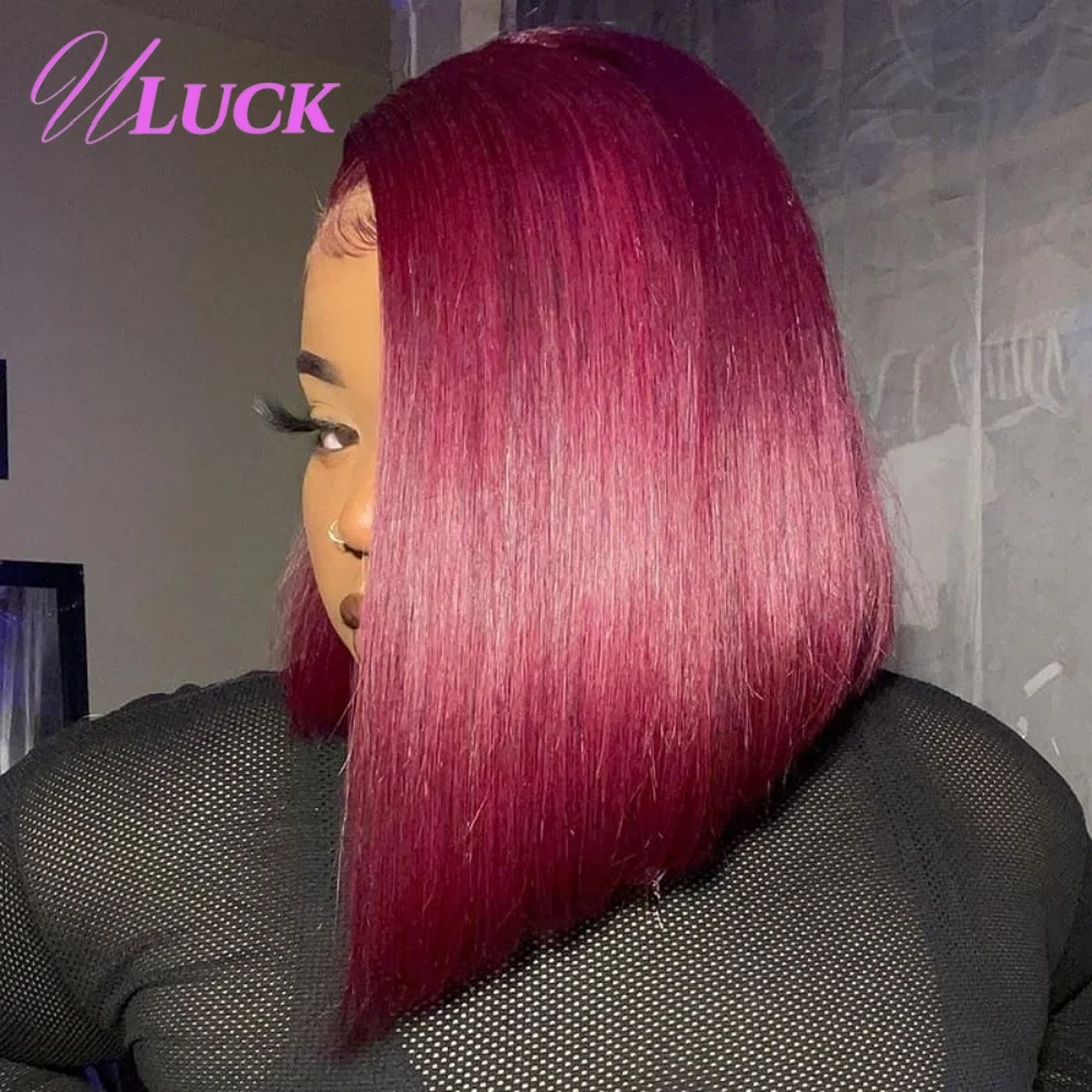 

Uluck Burgundy 99j Color Double Drawn Straight Short Bob Wig Human Hair Wigs 200% Density 13x4 Lace Frontal Wigs For Black Women