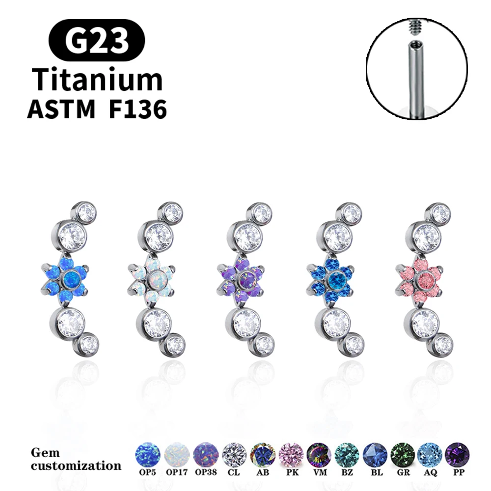 Titanium ASTM F136 Piercing Stud Earrings Flower Helix Tragus Cartilage Body Jewlery Internal Thread Labret Zircon earring row