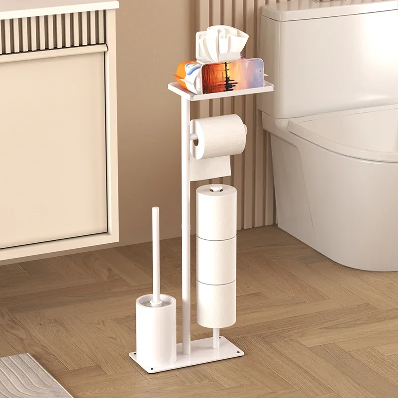 Floor standing toilet paper holder with toilet brush storage tray, magnetic paper holder, multifunctional bathroom tissue holder