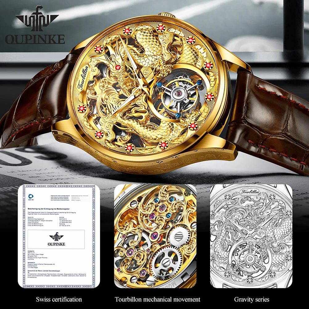 OUPINKE 3176 Real Tourbillon Automatic Dragon Watch For Men High-end Luxury Man Watch Original Hollowed Mechanical Men's Watches