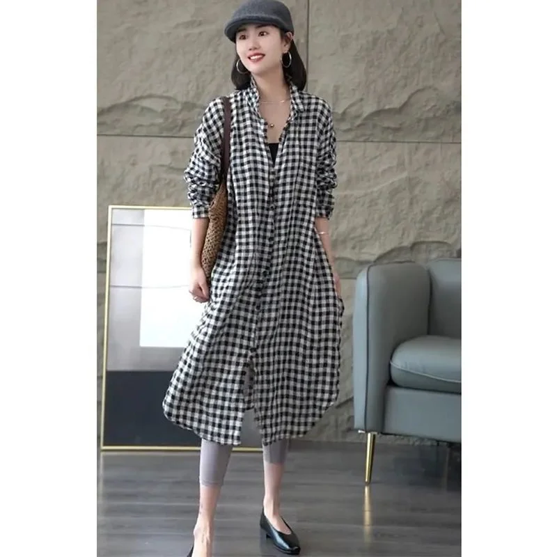 

Checkered Long Sleeved Shirt for Women's Spring/Summer 2024 Loose Mid Length Thin Sun Protection Clothing for Women's Outerwear