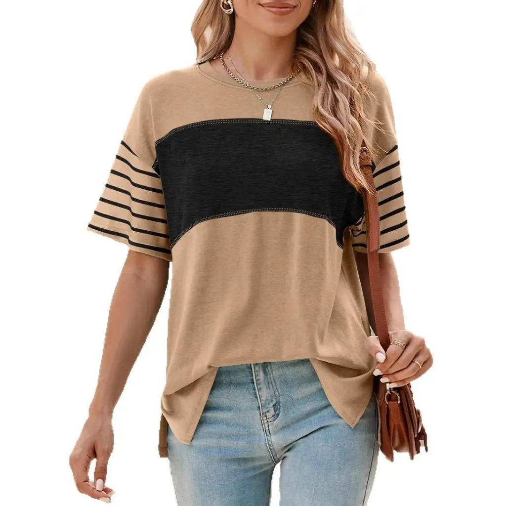 

Women's Casual Striped T-shirt Spring/Summer Pullover Crewneck Short Sleeve Contrast Color Design for Fashionable Women