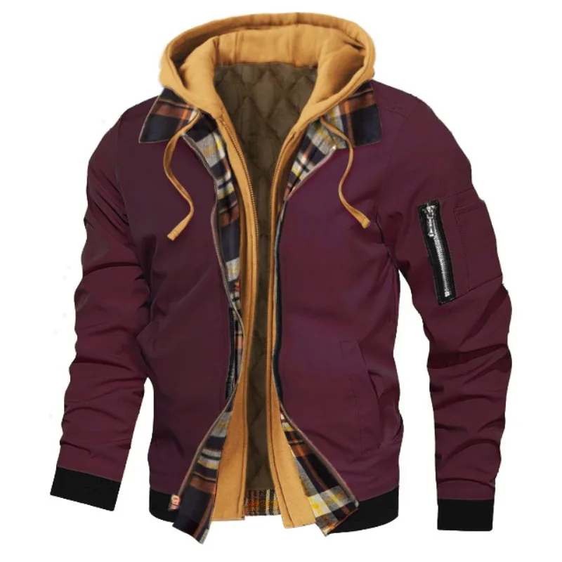 Spring and Autumn Thickening Large Size Men's Jacket Grid Hooded Tops Casual Fake Two Piece Design Zip Up Long Sleeve Warm Coats