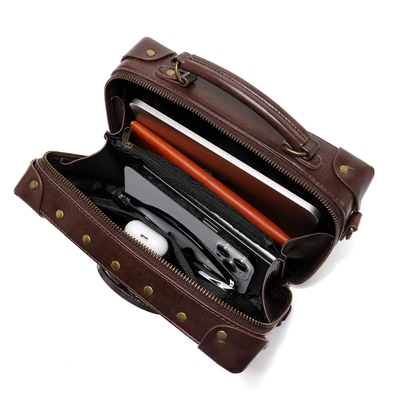 Man Crossbody Bag Woman Satchel Steampunk Briefcase Leather Shoulder Casual  Tote Handbag Clock Vintage Square Side Phone Bag