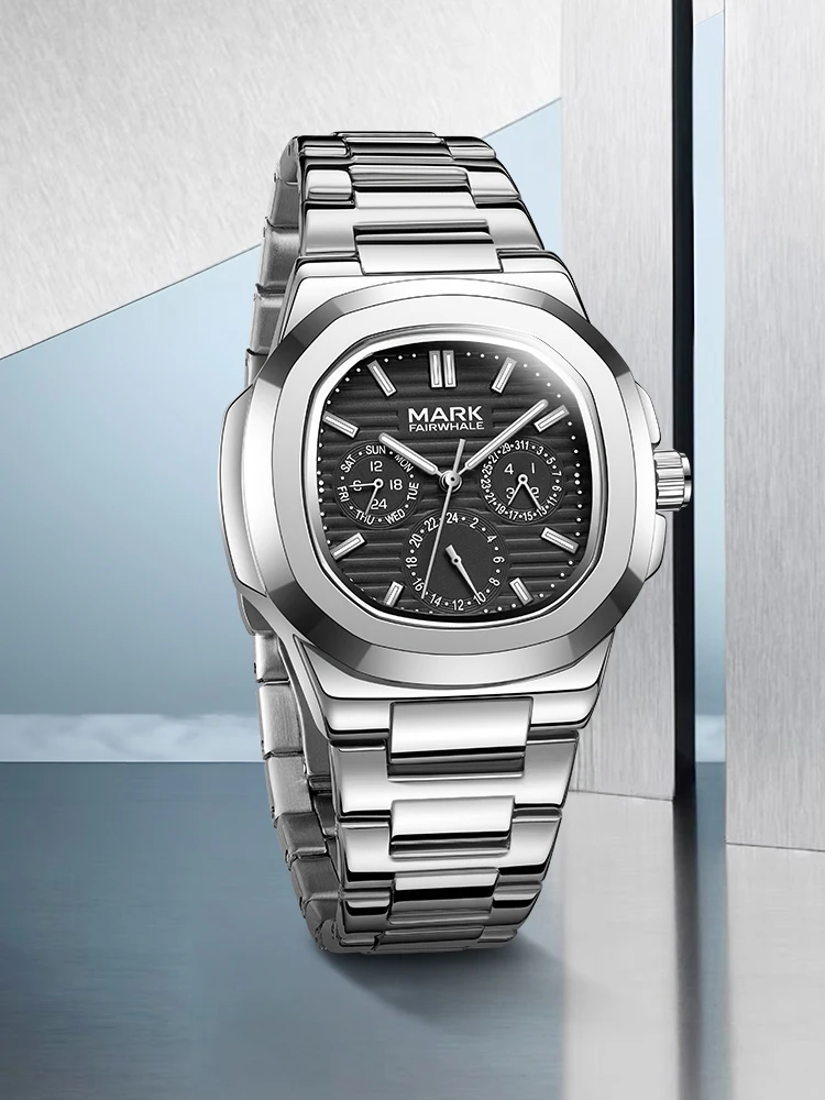 마크 페어웨일 남성 쿼츠 시계 43mm 사각 손목시계 30M 방수 발광 주간 날짜 24시간 표시