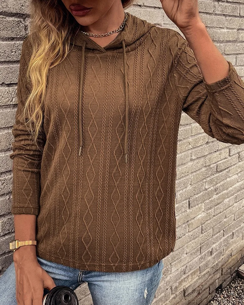 Women Hooded Drawstring Top Long Sleeve Jacquard Knit Pullover Loose Casual Sweatshirt