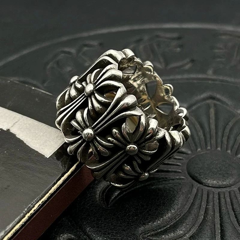 

S925 Sterling Silver Vintage Round Ring Classic Hot Men's and Women's Hip Hop Domineering Cross Ring
