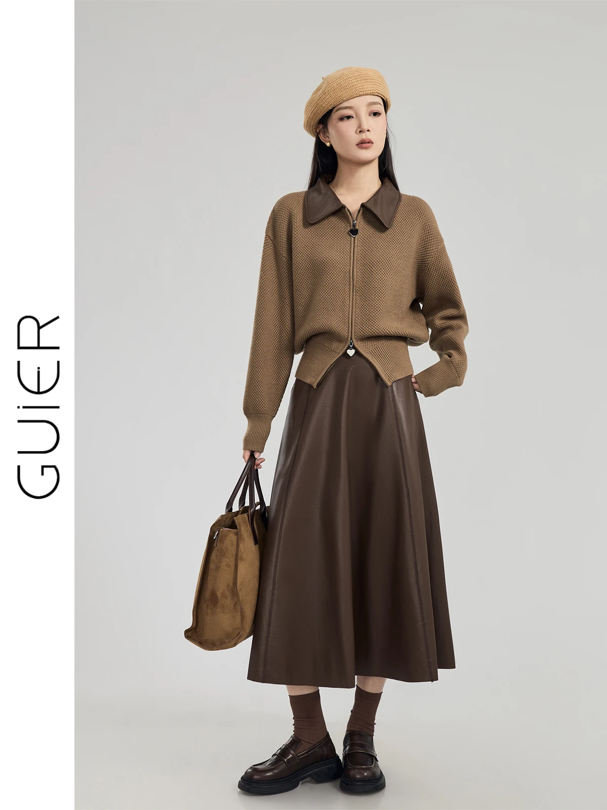 

Женский вязаный кардиган Guier с двойной молнией и кожаным воротником, весенне-осенний, винтажный дизайн, с вышивкой в виде сердца, верхняя одежда