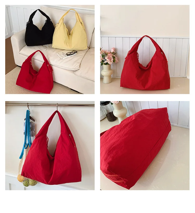 Lässige Nylon-Umhängetasche mit mehreren Taschen, Doppelreißverschluss, hohe Kapazität, Einkaufstasche, 2025, modische einfarbige Handtaschen, Einkaufstasche – Detail 10