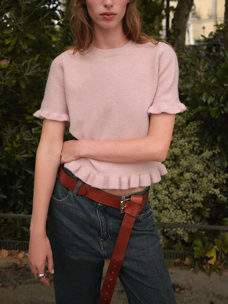 เสื้อถักแฟชั่นหวานๆ พร้อมการตกแต่งแบบเลเยอร์ หรือเสื้อสวมหัวทรงหลวมลำลองสำหรับผู้หญิงสาว