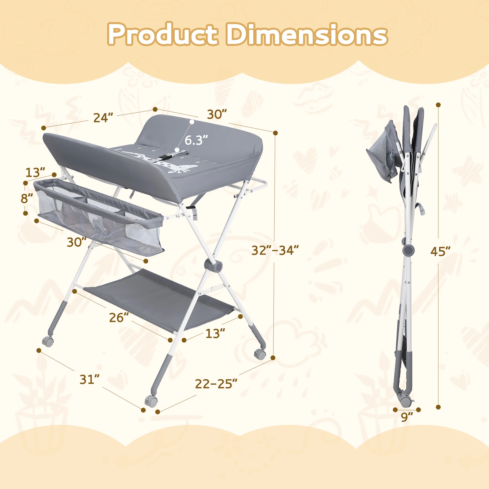 Portable Baby Changing Table with Wheels, Foldable Changing Station, Waterproof Height Adjustable Changing Table