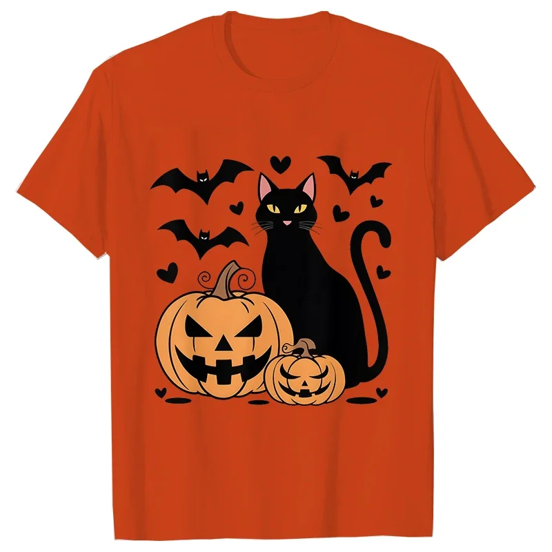 Halloween Pumpkin Cat Man T Shirt Vintage Tees Shirt O-Neck Short Sleeve T-shirt Halloween Black Cat Women Men Tops Tee Clothing