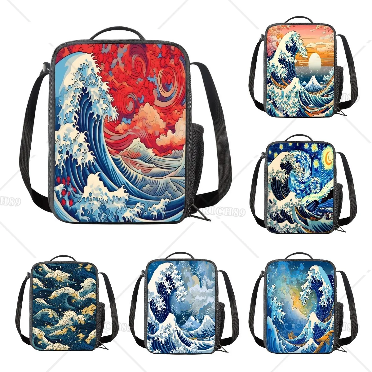 

Kanagawa Print Insulated Lunch Box for Kids Lunch Bag Tote Reusable Food Pouches Cartoon Lunchboxes for Teen Girls Boys