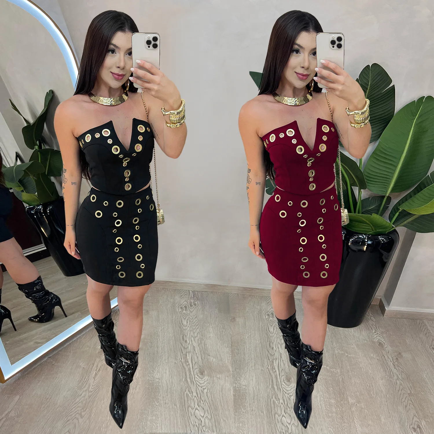 Women's Sexy Holes Decor V Neck Sleeveless Bandeau Tank Top and Two piece set of hip hugging skirt Fashionable mini skirt