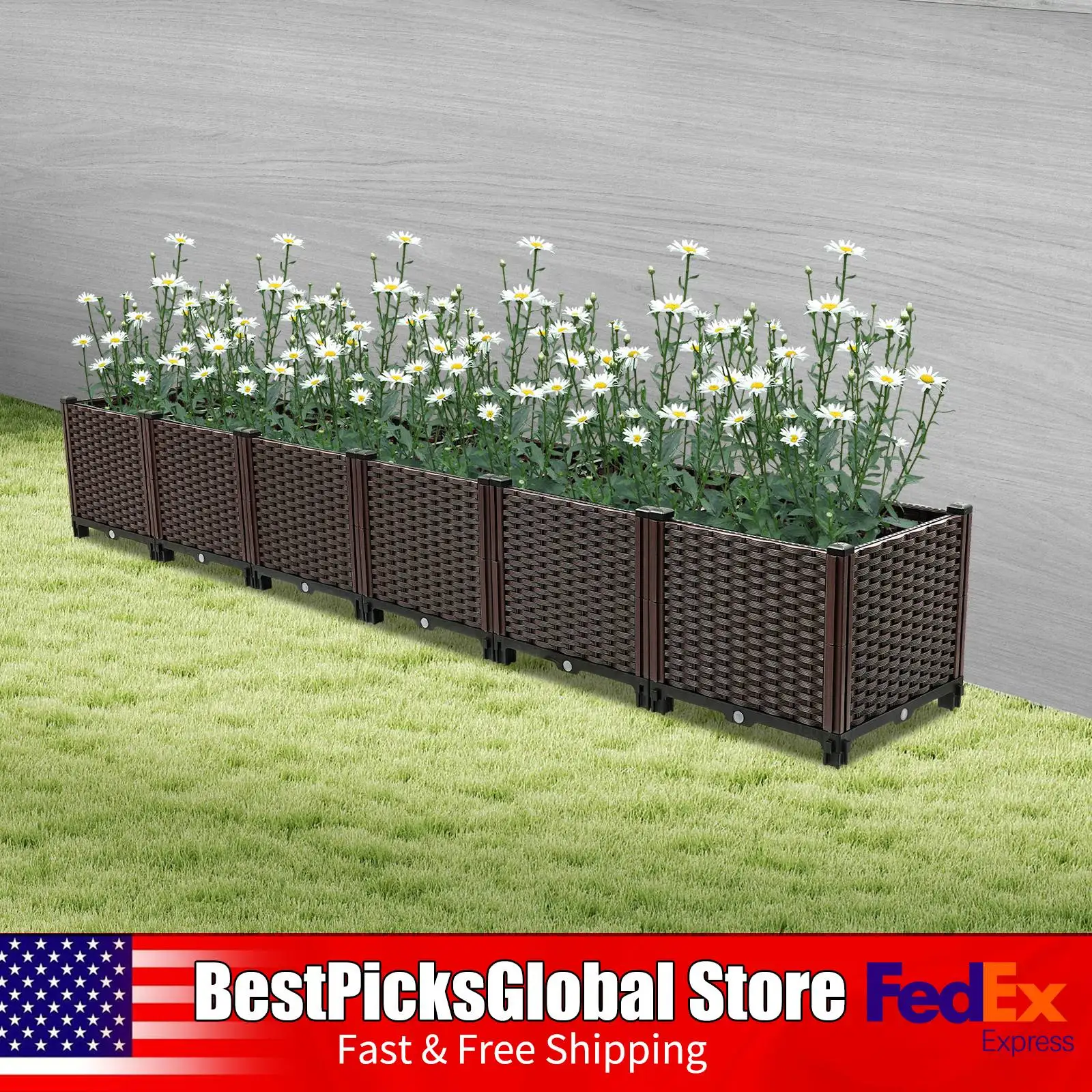 

6-секционный самополивающийся ящик для цветов, коричневый, комбинированные приподнятые кровати для открытого сада 240 х 40 х 37 см