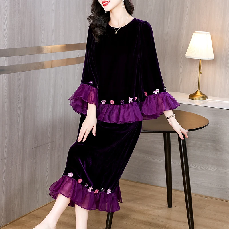 Autumn Black Velvet Long Sleeve Top Coat+Hlaf Length Skirt Two Piece Sets 2024 Female Chic Patchwork Beading Ruffled Dress Suits