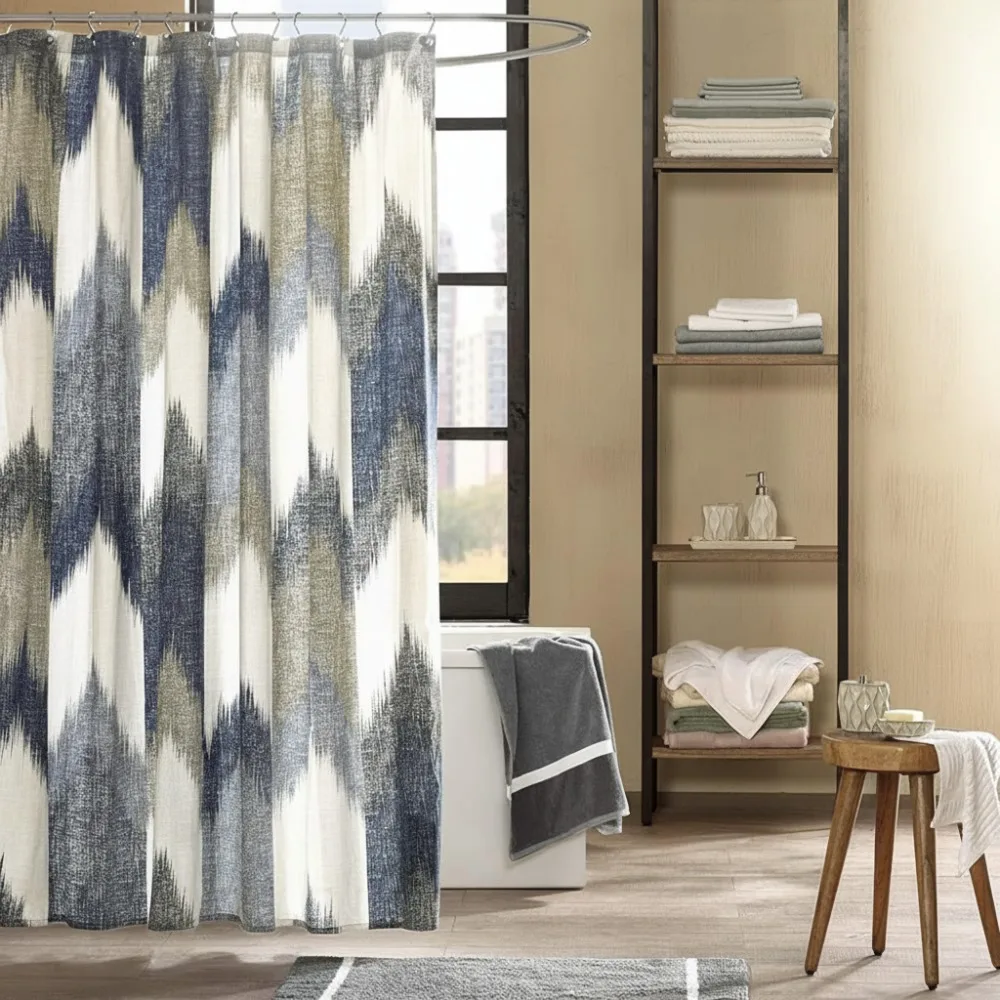 

Modern Abstract Shower Curtain Cotton Printed Machine Washable Bathroom Decor 72x72 Navy Blue Home