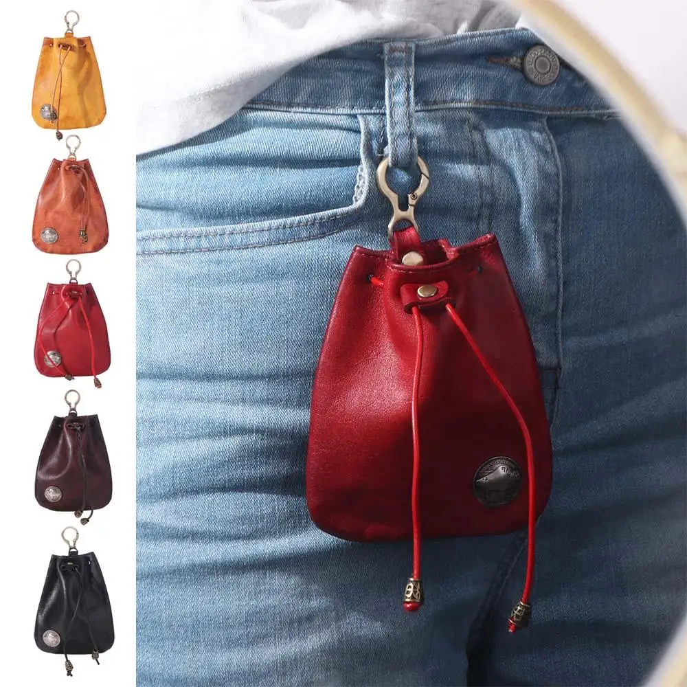 

Fashion Leather Genuine Leather Coin Purse Jewelry Pouch with Keyring Hanging Money Bag Soft Retro Drawstring Wallet Men