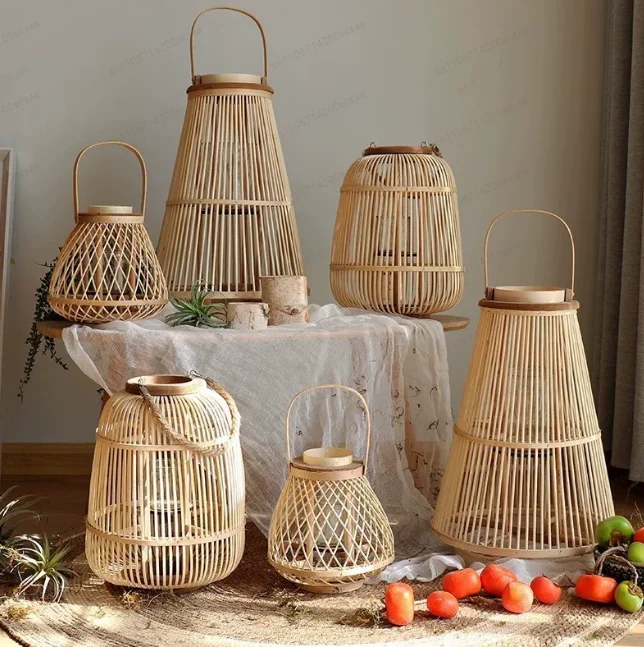 Floor Candle Holder Hanging Candlestick Ornament Nordic Retro Candlestick Bamboo Wind Lamp Courtyard Outdoor Interior Decoration