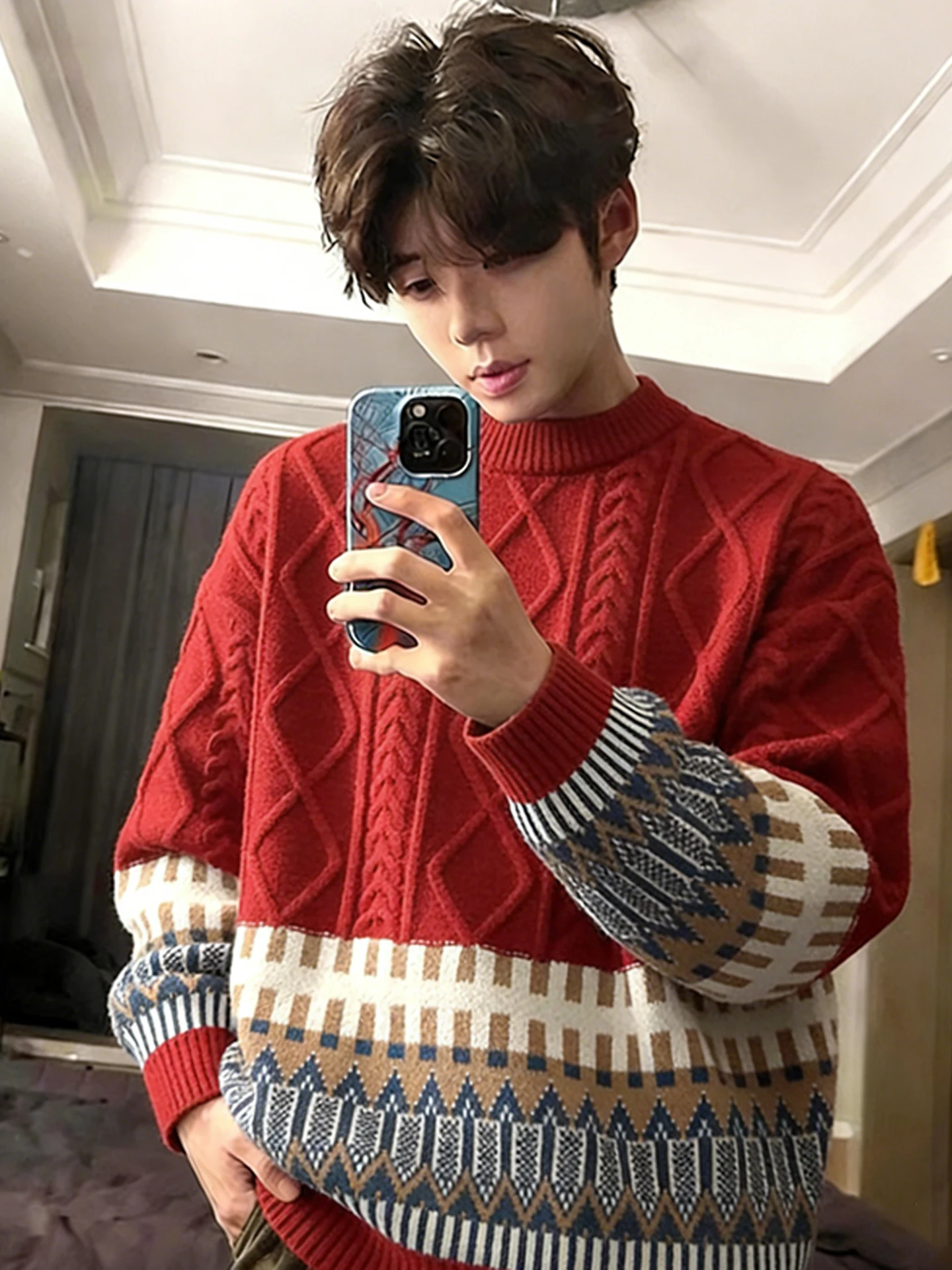 

Red Knitted Sweater Men's Winter Cisas New Year's Day Couple's Clothing Medium Gauge Yarn Casual Sle Warmth Function