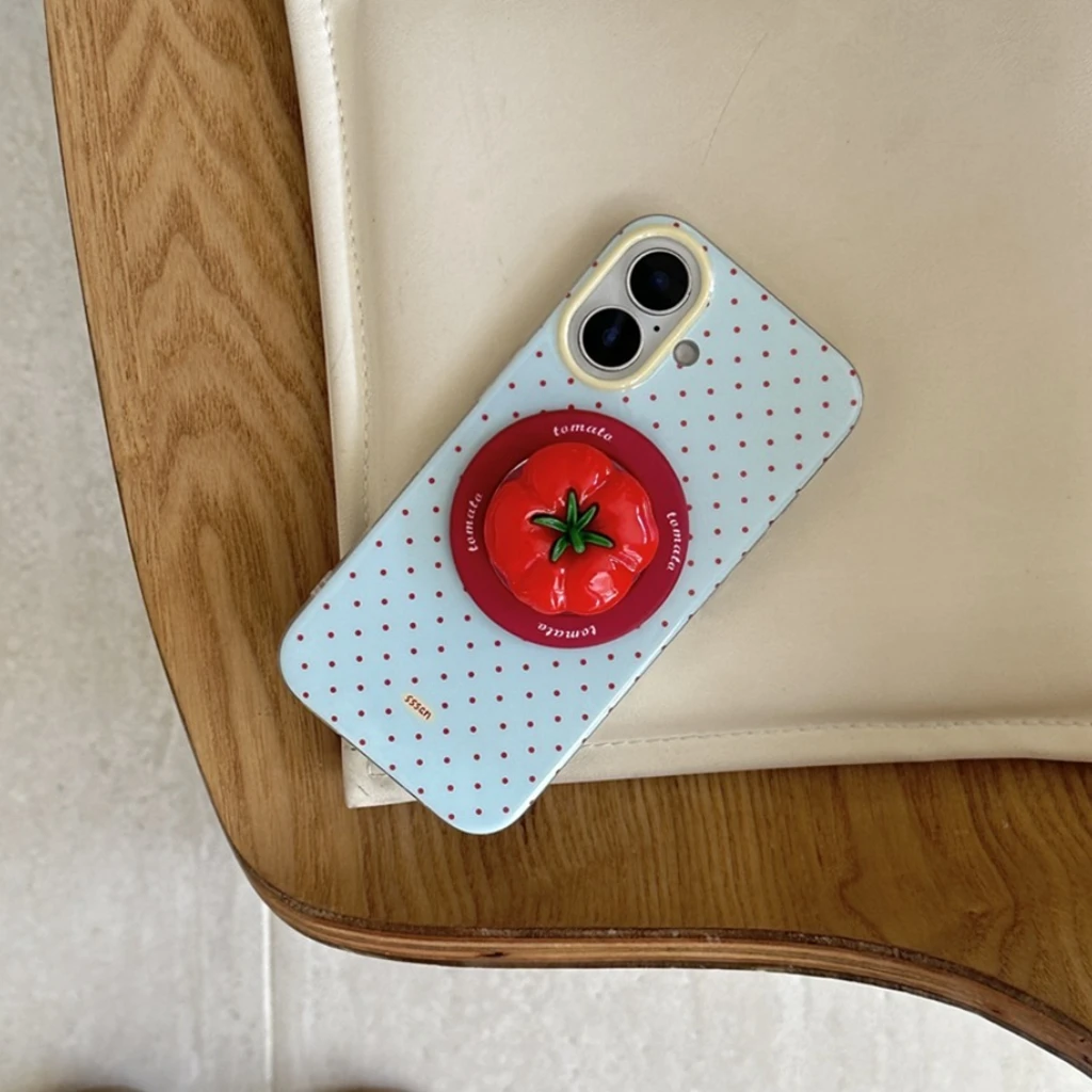 

Fun Circular Dots Stereoscopic Red Tomato With Holder Magnetic Wireless Charging Phone Cover Case for iPhone 16 15 14 13 Pro Max