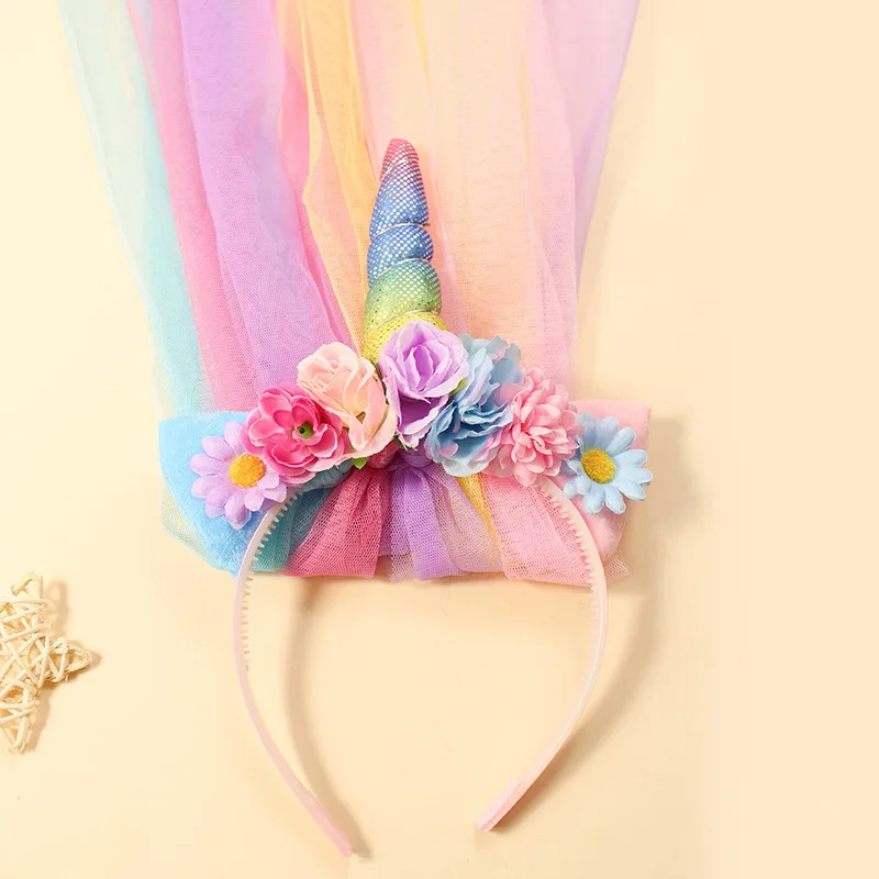 1 mesh rainbow Unicorn headband Princess Gradient Flow Sue Lace female headband Flower headband veil headband