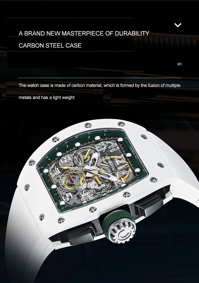 CRONUSART 남자 크로노 그래프 시계 토노 탄소강 케이스 50mm * 42mm 자동 기계식 손목 시계 빛나는 불소 고무 스트랩