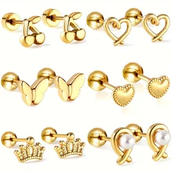 1pair Trending Ear Stud Love Heart Shape Butterfly Gold Color Stainless Steel Piercing Female Stud Earrings Jewelry Accessories