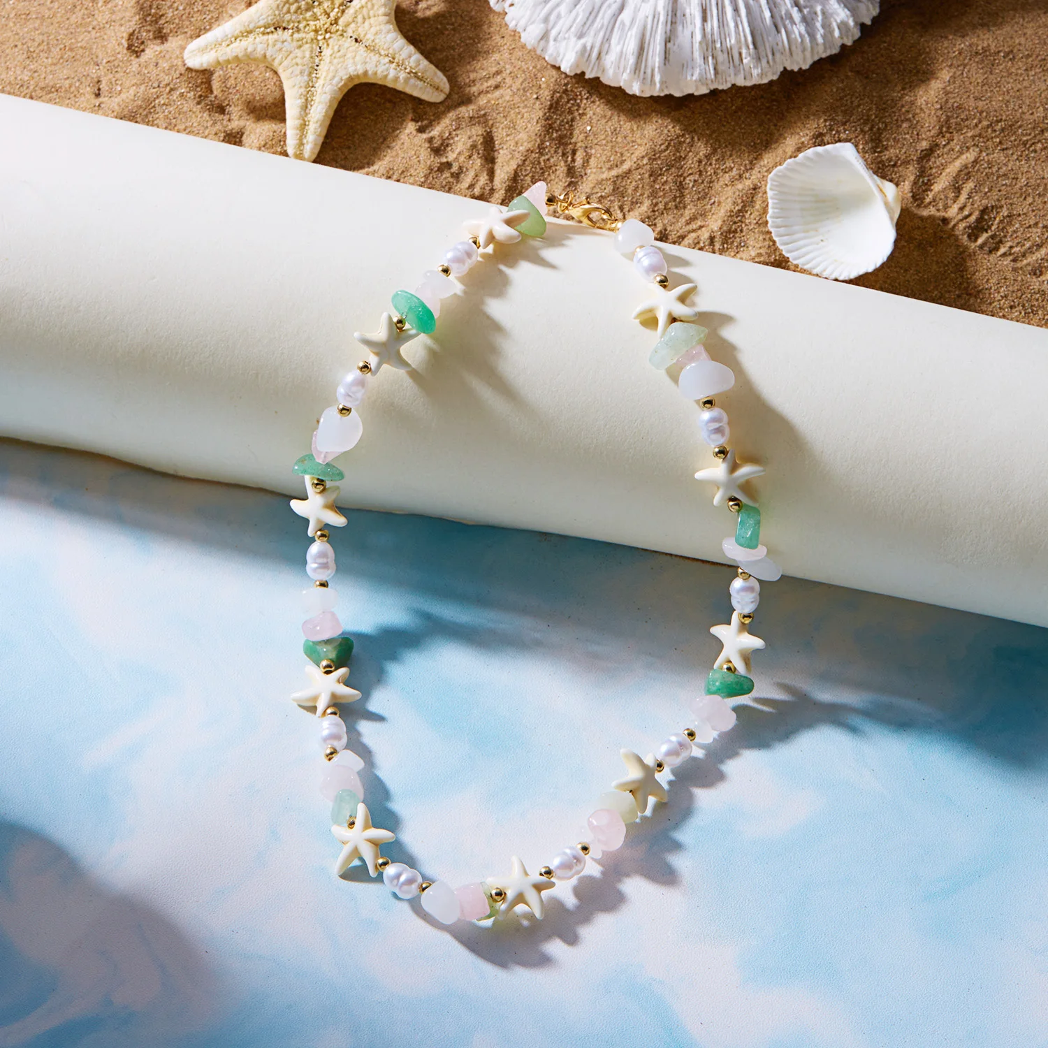 Unregelmäßige bunte Naturstein-Perlen-Halskette für Frauen, handgefertigt, böhmischer Seestern, Schlüsselbeinkette, Strandparty, Charm-Schmuck – Detail 12