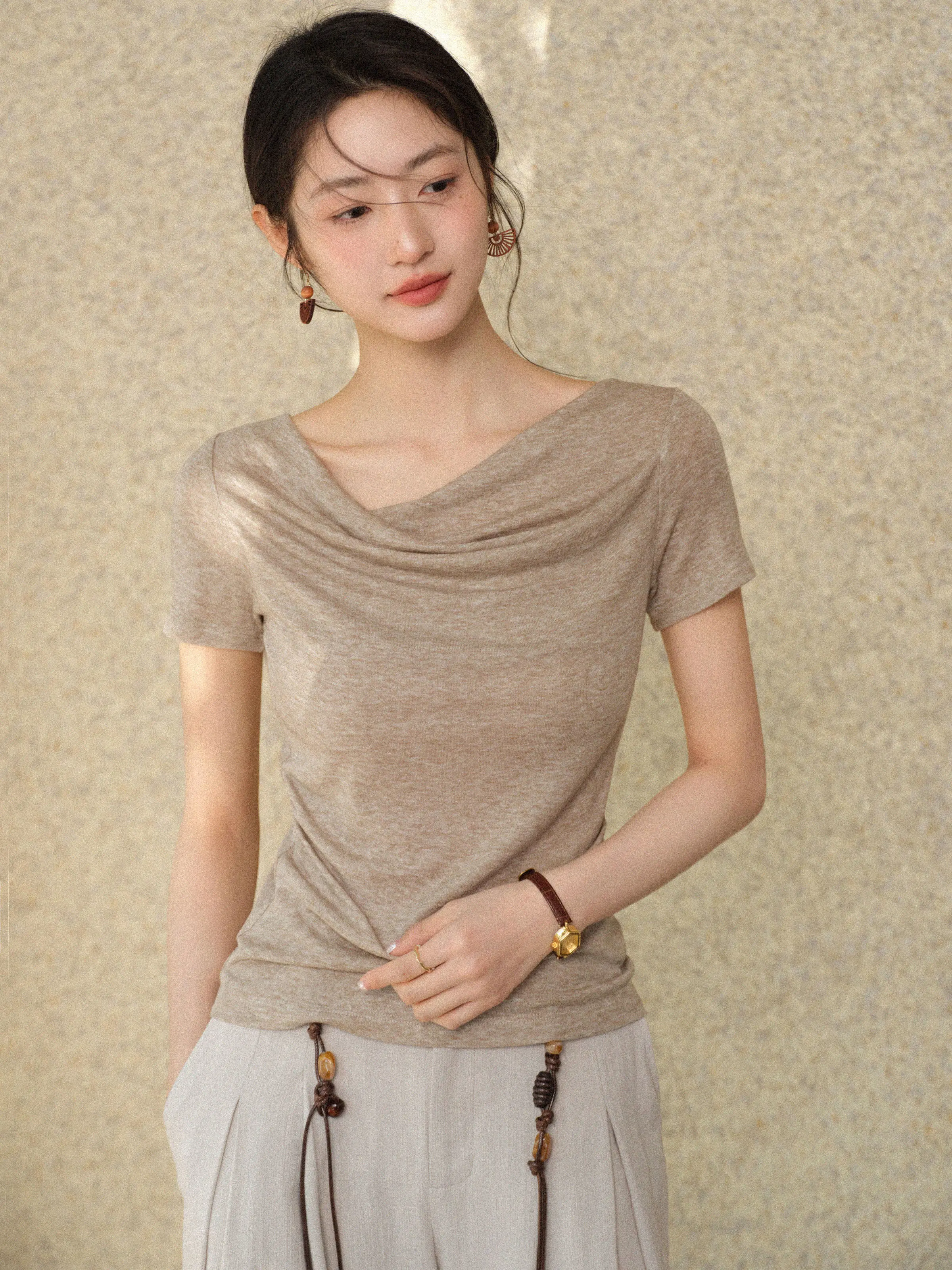 Women Cowl Neck Draped T Shirt Slim Fit Short Sleeve Top Elegant Stretch Tee Summer Casual Chic Daily Wear Soft Fashion Lady
