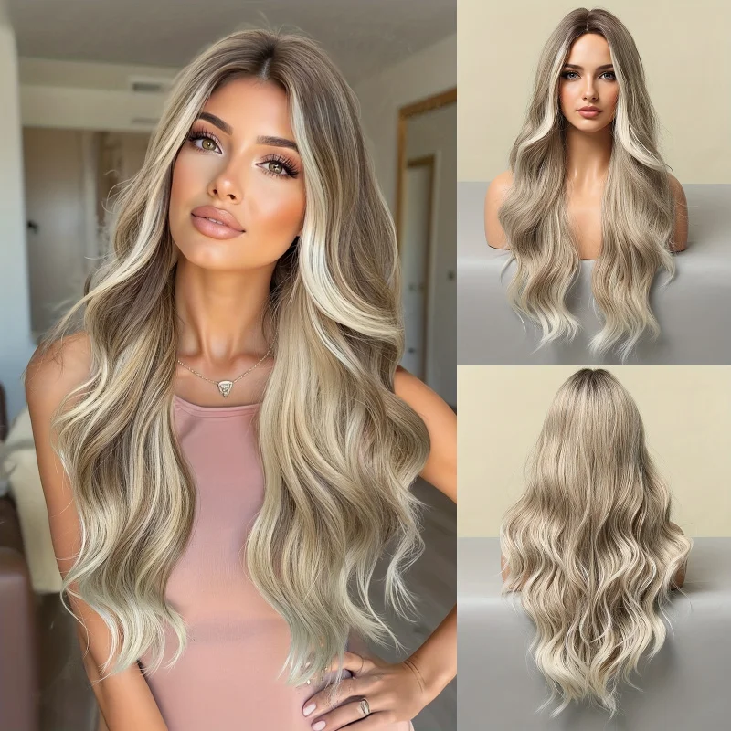 

26" Golden Brown & Blonde Ombre Wavy Wig for Women - High-Density 150% Synthetic Hair,Easy to Style,Ideal for Daily Use & Events