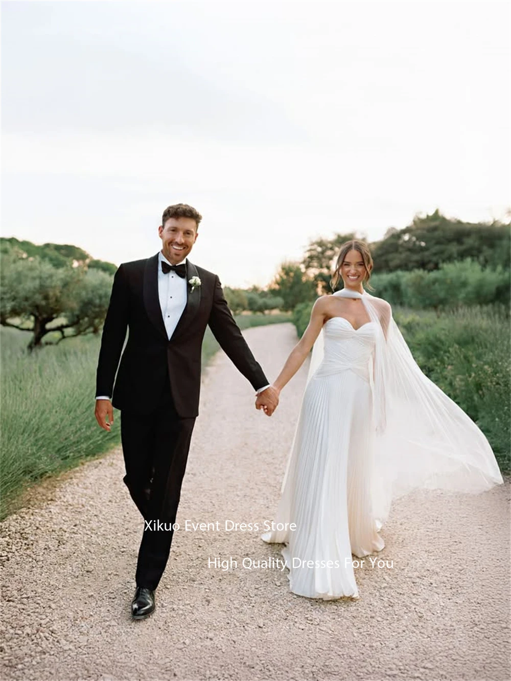 Xikuo فستان زفاف رومانسي على شكل حرف A فستان زفاف شيفون مطوي طول الأرض على شكل قلب بدون أكمام فيستدوس دي نوفيا مخصص